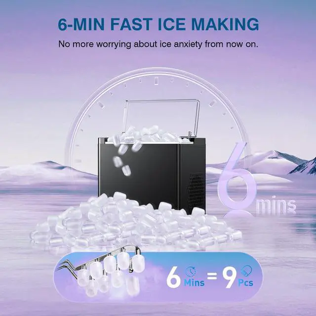 Alt view image 2 of 7 - Ice Makers Countertop, 9 Ice Cubes in 6 Mins Portable Ice Maker, 2 Sizes of Bullet Ice (S/L) Small Ice Machine for Home Kitchen Camping (Inky)