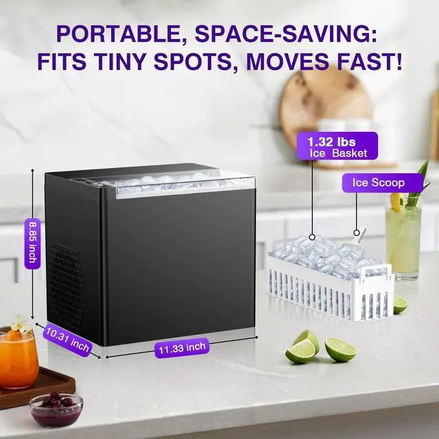 Alt view image 5 of 7 - Ice Makers Countertop, 9 Ice Cubes in 6 Mins Portable Ice Maker, 2 Sizes of Bullet Ice (S/L) Small Ice Machine for Home Kitchen Camping (Inky)