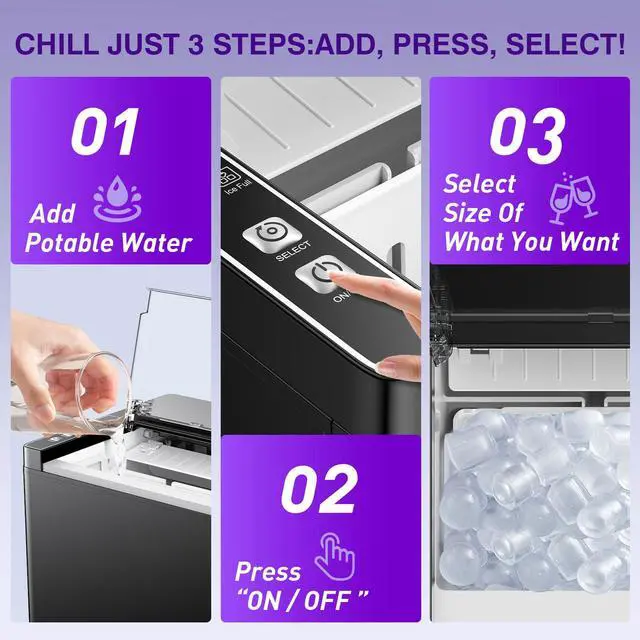 Alt view image 6 of 7 - Ice Makers Countertop, 9 Ice Cubes in 6 Mins Portable Ice Maker, 2 Sizes of Bullet Ice (S/L) Small Ice Machine for Home Kitchen Camping (Inky)