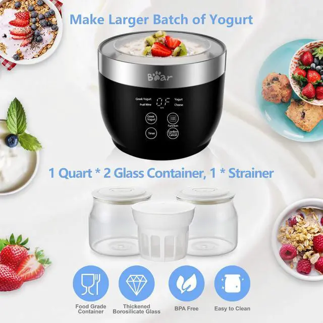 Alt view image 3 of 7 - Bear Yogurt Maker, Greek Yogurt Maker Machine with Strainer and Timer Control, Stainless Steel Inner Pot, Automatic Digital with 2 Glass Jars 1 Quart for Home Organic Yogurt, Cheese, Fruit Wine