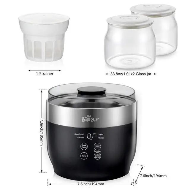 Alt view image 7 of 7 - Bear Yogurt Maker, Greek Yogurt Maker Machine with Strainer and Timer Control, Stainless Steel Inner Pot, Automatic Digital with 2 Glass Jars 1 Quart for Home Organic Yogurt, Cheese, Fruit Wine