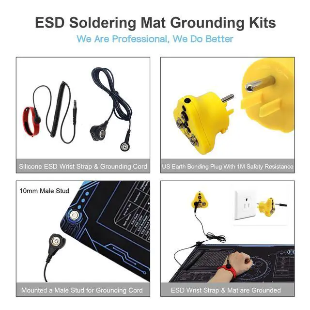 Alt view image 2 of 7 - 36x24 Inch Anti Static Rubber Mat Kit for ESD Sensitive Electronic Device Repair, Soldering, PC Building, Assembly, Table Work, With Grounding Plug Cord, Antistatic Wrist Strap, Heat Resistant