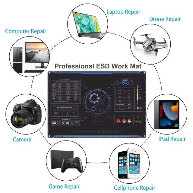Alt view image 6 of 7 - 36x24 Inch Anti Static Rubber Mat Kit for ESD Sensitive Electronic Device Repair, Soldering, PC Building, Assembly, Table Work, With Grounding Plug Cord, Antistatic Wrist Strap, Heat Resistant