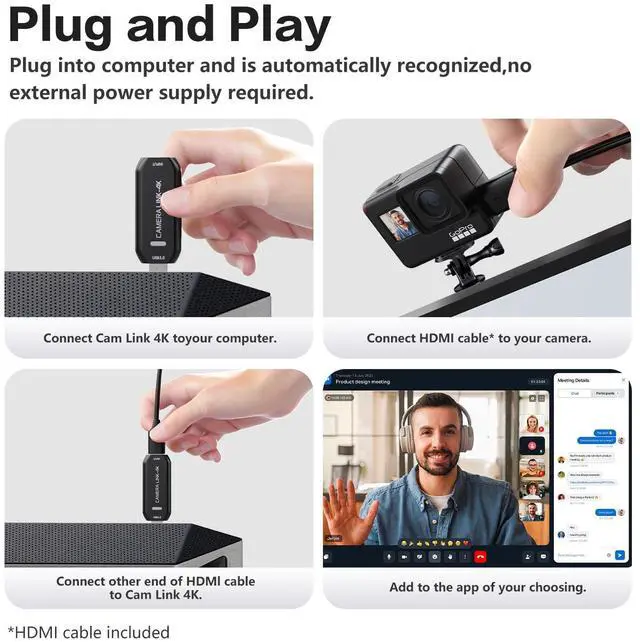 Alt view image 3 of 7 - Cam Link 4K External Capture Card for DSLR Camcorder ActionCam as Webcam, HDMI to USB 3.0, Meet/Stream/Record in 4K60/1080p120, Easy Connect for OBS/Zoom, Windows/Mac