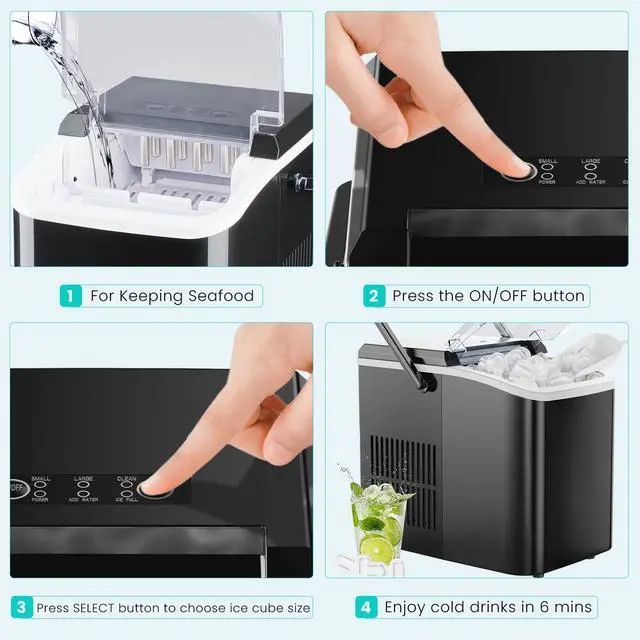 Alt view image 4 of 5 - Ice Maker Machine with Handle,26lbs in 24Hrs,9 Ice Cubes in 6 Mins,Auto-Cleaning Portable Ice Maker with Basket and Scoop, Countertop Ice Maker for Home/Kitchen/Camping/RV, Sleek Black