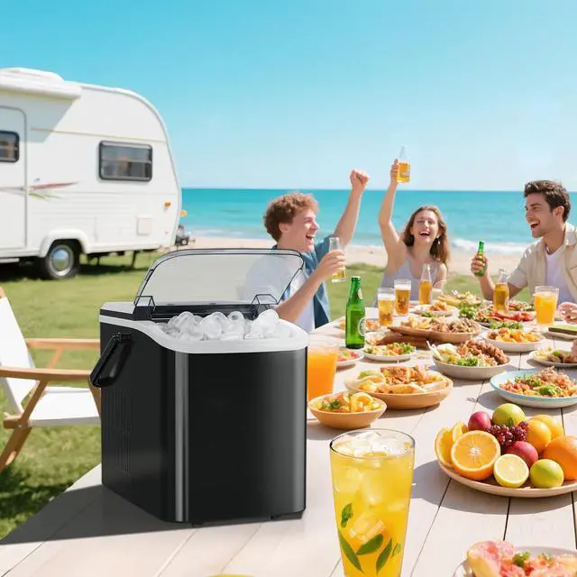 Alt view image 5 of 5 - Ice Maker Machine with Handle,26lbs in 24Hrs,9 Ice Cubes in 6 Mins,Auto-Cleaning Portable Ice Maker with Basket and Scoop, Countertop Ice Maker for Home/Kitchen/Camping/RV, Sleek Black