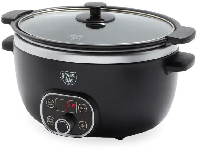 Main image of 6QT Slow Cooker, Non-Toxic PFAS-Free Ceramic Nonstick Removable Interior Bowl, Programmable, Family Friendly, Keep Warm, Stovetop & Oven Safe, Dishwasher Safe Crock, Timer, Glass Lid, Black