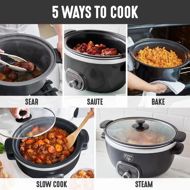 Alt view image 3 of 7 - 6QT Slow Cooker, Non-Toxic PFAS-Free Ceramic Nonstick Removable Interior Bowl, Programmable, Family Friendly, Keep Warm, Stovetop & Oven Safe, Dishwasher Safe Crock, Timer, Glass Lid, Black