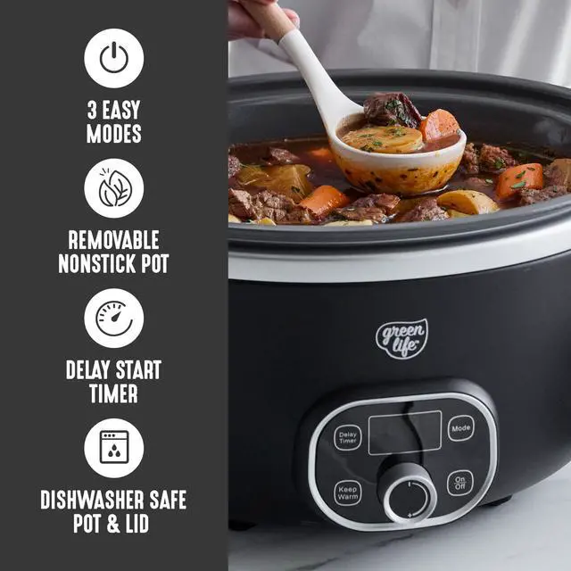 Alt view image 4 of 7 - 6QT Slow Cooker, Non-Toxic PFAS-Free Ceramic Nonstick Removable Interior Bowl, Programmable, Family Friendly, Keep Warm, Stovetop & Oven Safe, Dishwasher Safe Crock, Timer, Glass Lid, Black
