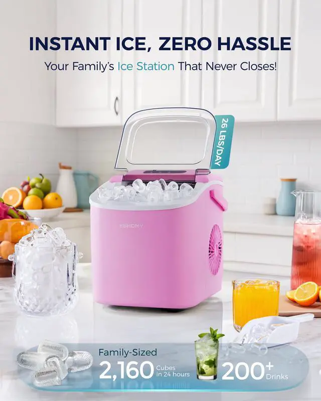 Alt view image 2 of 7 - Countertop Ice Maker Machine with Handle, 26lbs in 24Hrs, 9 Ice Cubes Ready in 6 Mins, Auto-Cleaning Portable Ice Maker with Basket and Scoop, for Home/Kitchen/Camping/RV. (Pink)