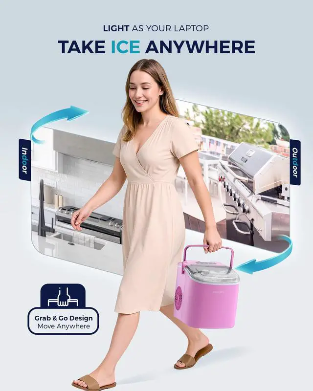 Alt view image 4 of 7 - Countertop Ice Maker Machine with Handle, 26lbs in 24Hrs, 9 Ice Cubes Ready in 6 Mins, Auto-Cleaning Portable Ice Maker with Basket and Scoop, for Home/Kitchen/Camping/RV. (Pink)