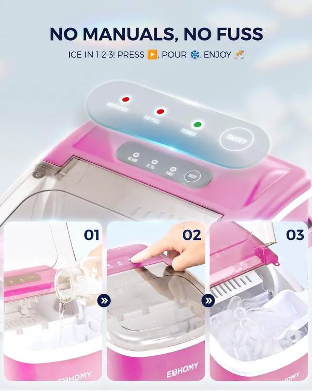 Alt view image 5 of 7 - Countertop Ice Maker Machine with Handle, 26lbs in 24Hrs, 9 Ice Cubes Ready in 6 Mins, Auto-Cleaning Portable Ice Maker with Basket and Scoop, for Home/Kitchen/Camping/RV. (Pink)