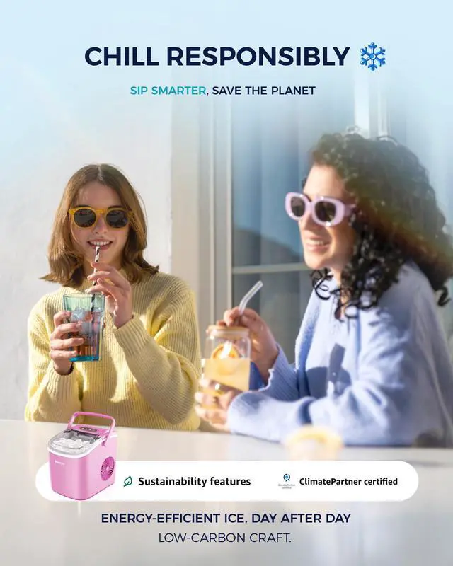 Alt view image 7 of 7 - Countertop Ice Maker Machine with Handle, 26lbs in 24Hrs, 9 Ice Cubes Ready in 6 Mins, Auto-Cleaning Portable Ice Maker with Basket and Scoop, for Home/Kitchen/Camping/RV. (Pink)