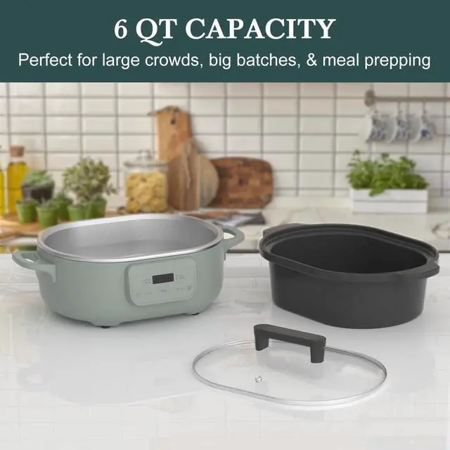 Alt view image 4 of 7 - 6 Quart Programmable Slow Cooker Removable Healthy Nonstick Pot - Small Kitchen Appliance for Family Dinners - Serves 6+ People - Heat Settings: Keep Warm Olive
