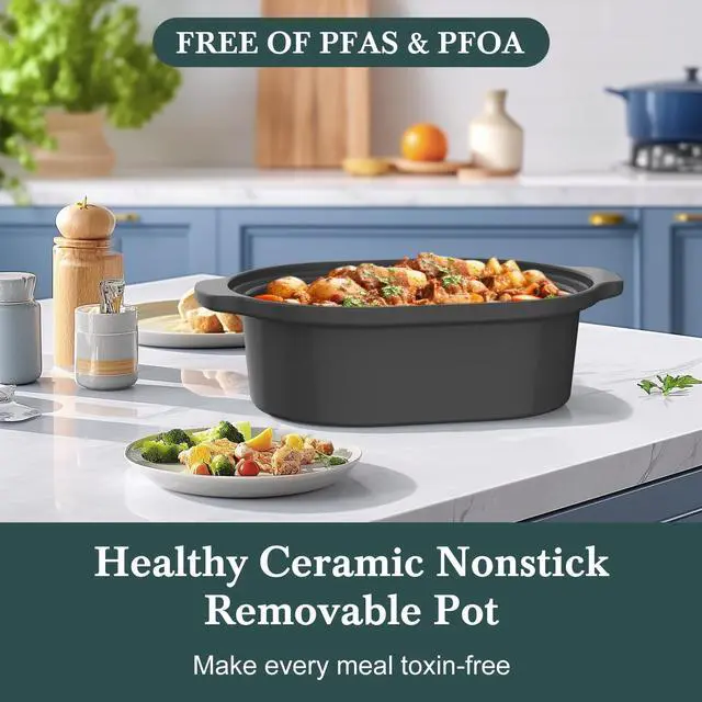 Alt view image 6 of 7 - 6 Quart Programmable Slow Cooker Removable Healthy Nonstick Pot - Small Kitchen Appliance for Family Dinners - Serves 6+ People - Heat Settings: Keep Warm Olive