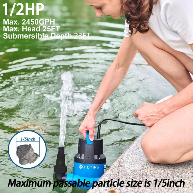 Alt view image 4 of 7 - 1/2HP Submersible Water Pump with Stainless Steel Base - Removes Water to 0.04" Depth, 2450GPH Portable Sump Pump for Puddles, Pools, Boats, Gardens & Ponds - 10Ft Cord Included