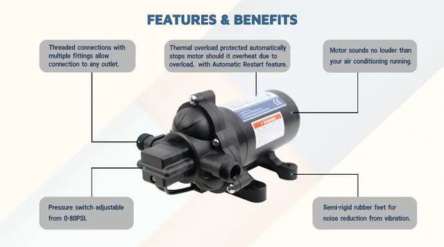 Alt view image 4 of 5 - T33 Automatic On-Demand Diaphragm Pump 115Vac, 4.0GPM, 45PSI, Industrial Water Pressure Pump for Kitchen, Bathroom, RV, Marine Yacht, Caravan, Garden