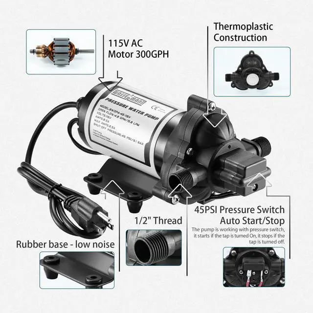 Alt view image 2 of 5 - RV Water Pumps Pressure Pump 115V AC with Pressure Switch, Self-priming Water Pump 4.0GPM 45PSI, Fresh Water Pump for RV Kitchen Barthroom Marine Yacht Garden Diaphragm Pump