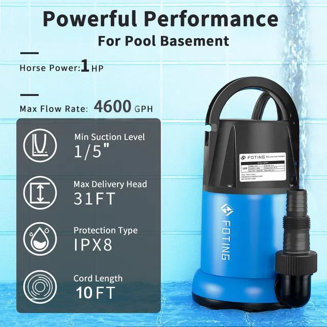 Alt view image 2 of 7 - 1HP Sump Pump 4600GPH Clean/Dirty Submersible Water Pump Utility Pump Thermoplastic Electric Portable Transfer Water Pump for Swimming Pool Pond Basement with 10ft Power Cord manual