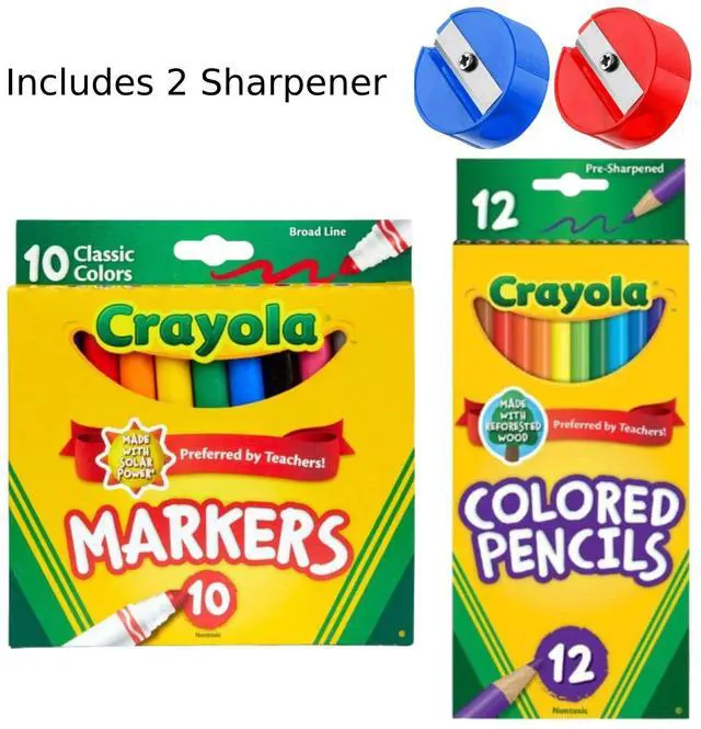 Main image of Crayola 10 Broad Line Markers & 12 Colored Pencils Set with 2 Sharpeners