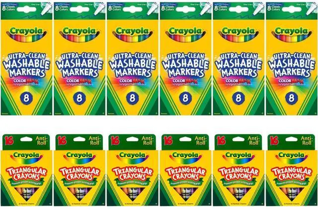 Main image of Crayola Art Supply Bundle 6 Pack 8 Count Washable Fine Line Markers + 6 Pack 16 Count Triangular Crayons