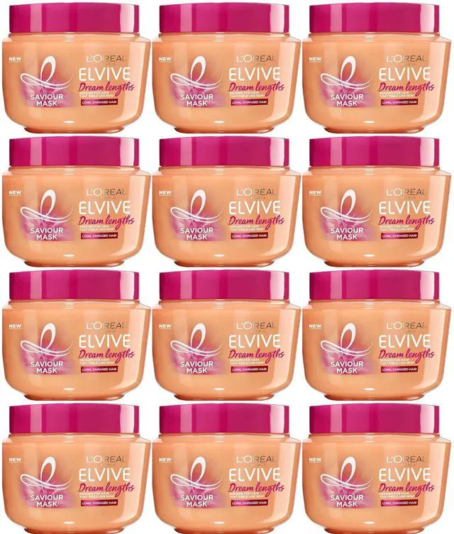 Main image of Loreal Paris Elvive Dream Lengths Hair Mask, Nourishing & Strengthening Treatment, Enriched With Castor Oil, For Long, Damaged Hair (12-Pack)