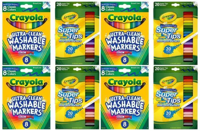 Main image of Crayola Washable Marker Combo Pack 4 Pack 8 Broad Line Markers + 4 Pack 20 Super Tips Markers