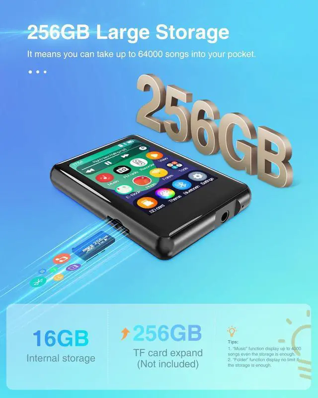 Alt view image 5 of 7 - MP3 Player with Bluetooth 5.3,Tokemisc 16GB Full Touchscreen Kids Portable Music Device with Speaker,FM Radio,E-Book,Built-in Micro SD Card Slot,Earphones Included,Max 256GB Expand