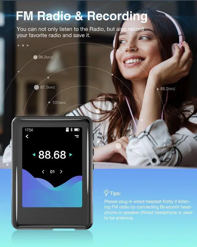 Alt view image 7 of 7 - MP3 Player with Bluetooth 5.3,Tokemisc 16GB Full Touchscreen Kids Portable Music Device with Speaker,FM Radio,E-Book,Built-in Micro SD Card Slot,Earphones Included,Max 256GB Expand