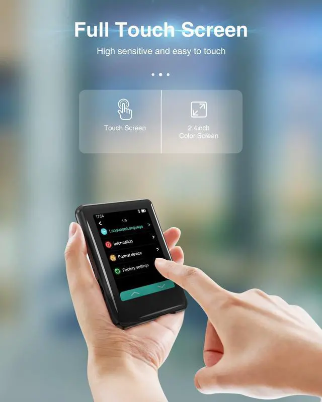 Alt view image 4 of 7 - MP3 Player with Bluetooth 5.3,Tokemisc 16GB Full Touchscreen Kids Portable Music Device with Speaker,FM Radio,E-Book,Built-in Micro SD Card Slot,Earphones Included,Max 256GB Expand