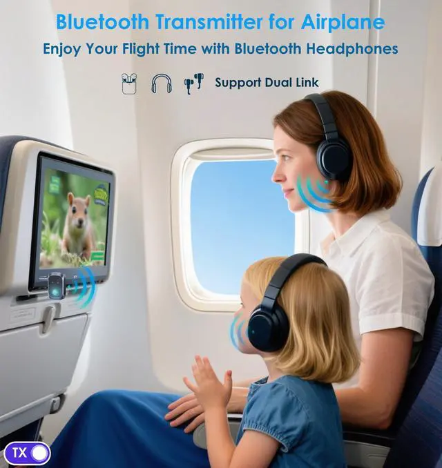 Alt view image 2 of 7 - Airplane Bluetooth Adapter for 2 AirPods Headphones or BT Devices, Bluetooth Transmitter for TV Dual Link Low Latency, Wireless AUX Adapter Receiver for Speakers/Car Stereo, KAIY Transmitter Receiver