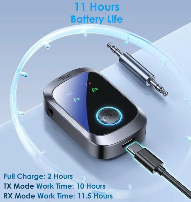 Alt view image 6 of 7 - Airplane Bluetooth Adapter for 2 AirPods Headphones or BT Devices, Bluetooth Transmitter for TV Dual Link Low Latency, Wireless AUX Adapter Receiver for Speakers/Car Stereo, KAIY Transmitter Receiver