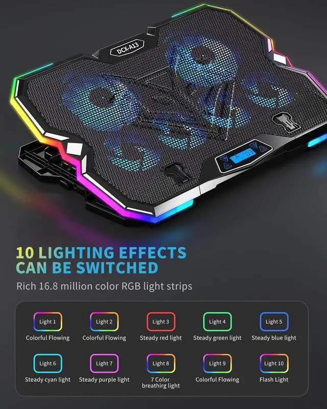 Alt view image 3 of 7 - KeiBn Upgrade Laptop Cooling Pad A13,RGB Lights Laptop Cooler 6 Fans for up to 15.6 Inch Laptops,10 Modes Light, 7 Height Stands, 2 USB Ports - Blue