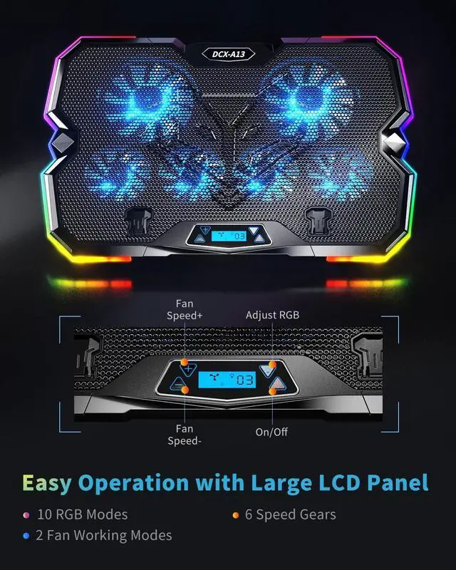 Alt view image 4 of 7 - KeiBn Upgrade Laptop Cooling Pad A13,RGB Lights Laptop Cooler 6 Fans for up to 15.6 Inch Laptops,10 Modes Light, 7 Height Stands, 2 USB Ports - Blue