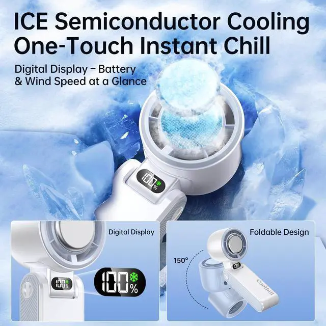Alt view image 2 of 7 - Coolhill Handheld Portable Fan with Ice Cooler: 100-Speed 5500mAh Rechargeable Handheld Fan, 12H Time Hand Cooling Personal Fans with 20000 RPM Air Turbo Tech for Travel Outdoor (White)