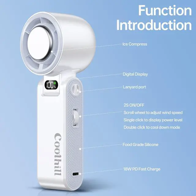 Alt view image 5 of 7 - Coolhill Handheld Portable Fan with Ice Cooler: 100-Speed 5500mAh Rechargeable Handheld Fan, 12H Time Hand Cooling Personal Fans with 20000 RPM Air Turbo Tech for Travel Outdoor (White)