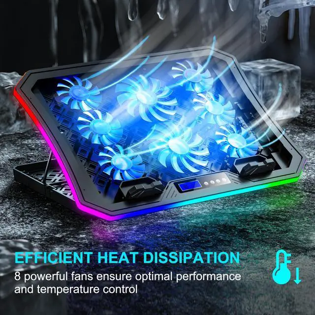 Alt view image 2 of 6 - Laptop Cooling Pad RGB Gaming Notebook Cooler for Desk and Lap Use, MOOJAY Laptop Fan Stand 8 Adjustable Heights with 8 Quiet Fans and Phone Holder, for 15.6-17.3 Inch Laptops - Blue LED Light