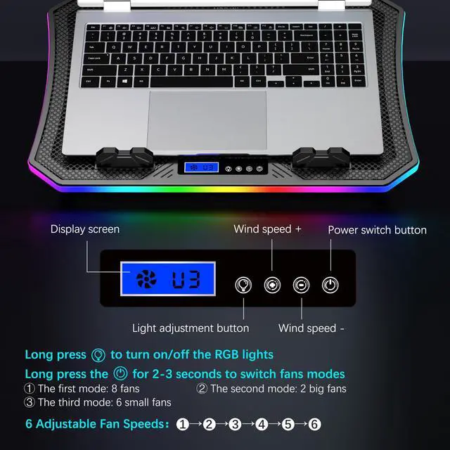 Alt view image 5 of 6 - Laptop Cooling Pad RGB Gaming Notebook Cooler for Desk and Lap Use, MOOJAY Laptop Fan Stand 8 Adjustable Heights with 8 Quiet Fans and Phone Holder, for 15.6-17.3 Inch Laptops - Blue LED Light