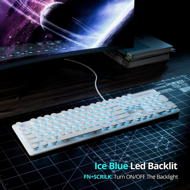 Alt view image 4 of 7 - Fogruaden Wired Retro Typewriter Keyboard, Quiet Full Size Membrane Keyboard Light Up, White Cute Computer Keyboards, 104 Round Keys, Blue LED Backlit, Slim, Silent for Windows PC, Laptop