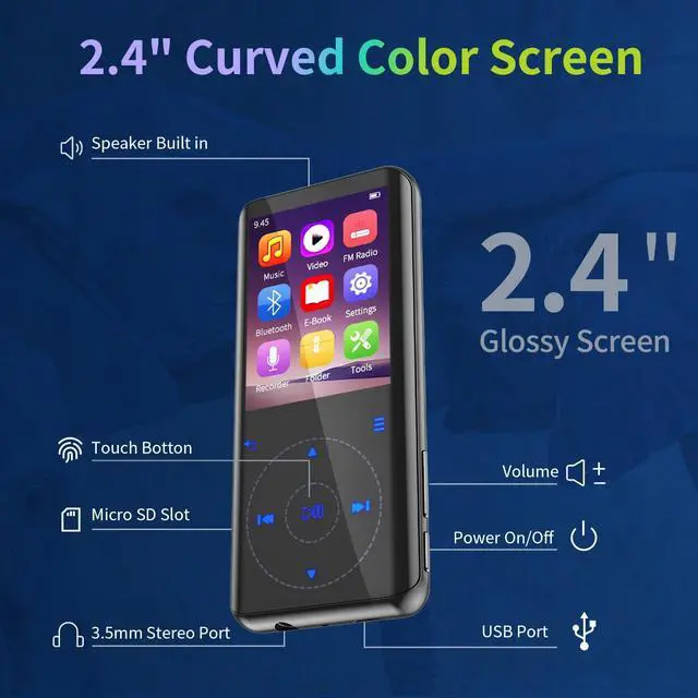 Alt view image 7 of 7 - RUIZU 64GB MP3 Player with Bluetooth 5.3, Speaker, 2.4 inch Screen, Portable Music Player for Sport Running, FM Radio, Voice Recorder, Digital Audio Video Shuffle Playback, Support 128GB Micro SD Card