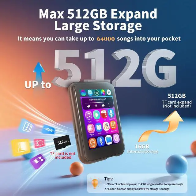 Alt view image 4 of 7 - MP3 Player with Bluetooth 5.4,Kids Portable Music Player with Speaker,FM Radio,Voice Recorder,Touchscreen MP3 Player with Earphones,Built-in Micro SD Card Slot,Supports up to 512GB Expand