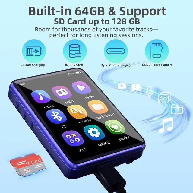 Alt view image 7 of 7 - Tengsen MP3 Player with Bluetooth 5.3 Portable Music Player with Speaker,FM Radio,E-Book, Shuffle/Repeat Play; Touch Screen MP3 Player for Meetings, Lectures, Fitness; SD Card Slot, 64GB Blue