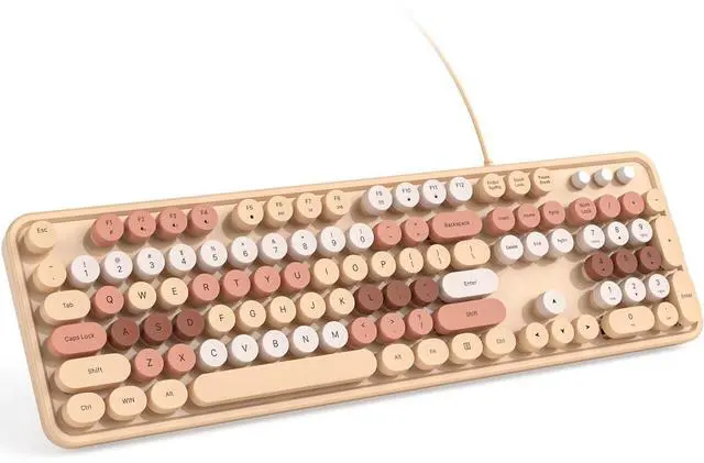 Main image of Wired Computer Keyboard - Milk Tea Colorful Retro Full Size Round Keycaps Plug and Play Typewriter Cute Keyboards for Windows, Laptop, PC, Desktop, Computer