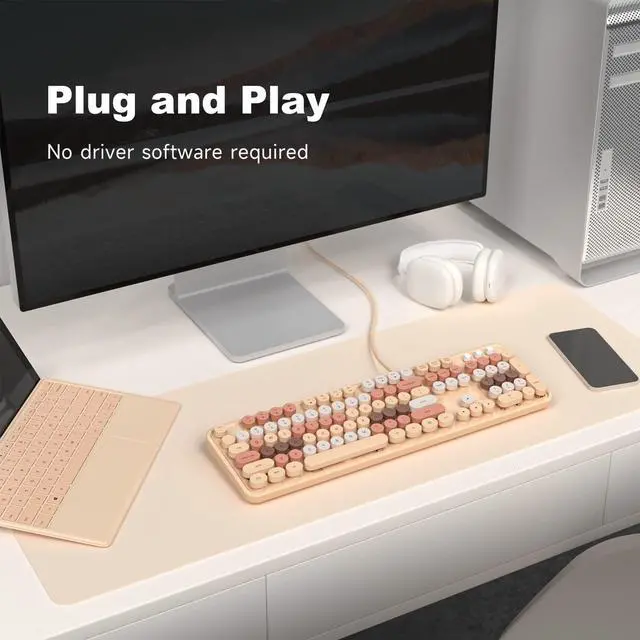 Alt view image 2 of 7 - Wired Computer Keyboard - Milk Tea Colorful Retro Full Size Round Keycaps Plug and Play Typewriter Cute Keyboards for Windows, Laptop, PC, Desktop, Computer