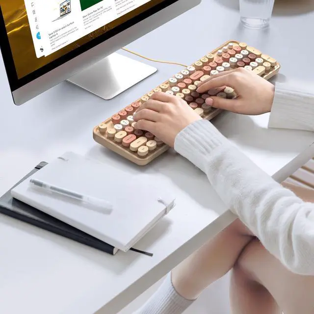 Alt view image 3 of 7 - Wired Computer Keyboard - Milk Tea Colorful Retro Full Size Round Keycaps Plug and Play Typewriter Cute Keyboards for Windows, Laptop, PC, Desktop, Computer