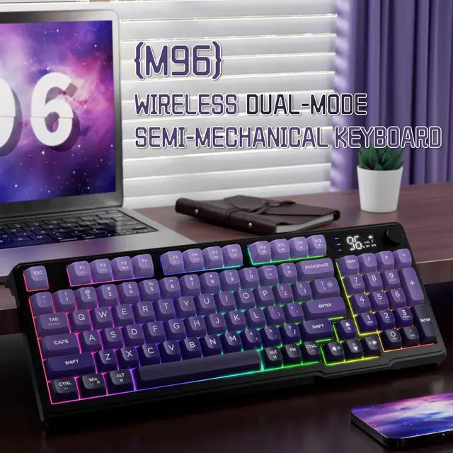 Alt view image 2 of 7 - LexonElec M96 Wireless Keyboard, Low Profile Quiet Typing Membrane Gaming Keyboard with Smart Display & Knob, RGB Backlit, USB C Rechargeable, 94 Keys PBT Keycap for Windows PC,Mac,Linux-Grape Purple