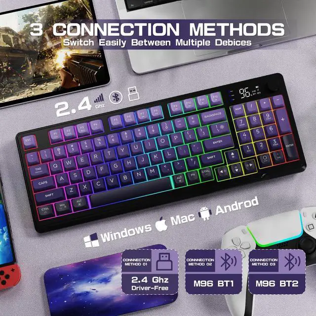 Alt view image 3 of 7 - LexonElec M96 Wireless Keyboard, Low Profile Quiet Typing Membrane Gaming Keyboard with Smart Display & Knob, RGB Backlit, USB C Rechargeable, 94 Keys PBT Keycap for Windows PC,Mac,Linux-Grape Purple