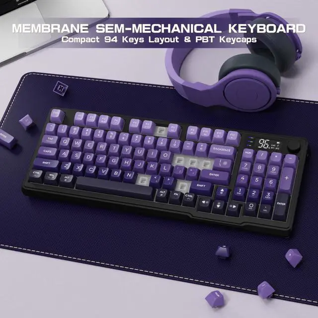 Alt view image 5 of 7 - LexonElec M96 Wireless Keyboard, Low Profile Quiet Typing Membrane Gaming Keyboard with Smart Display & Knob, RGB Backlit, USB C Rechargeable, 94 Keys PBT Keycap for Windows PC,Mac,Linux-Grape Purple