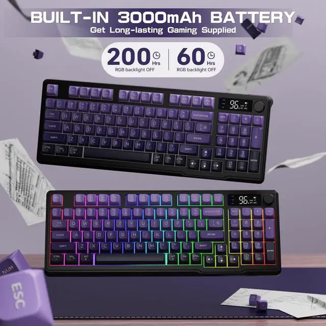 Alt view image 6 of 7 - LexonElec M96 Wireless Keyboard, Low Profile Quiet Typing Membrane Gaming Keyboard with Smart Display & Knob, RGB Backlit, USB C Rechargeable, 94 Keys PBT Keycap for Windows PC,Mac,Linux-Grape Purple