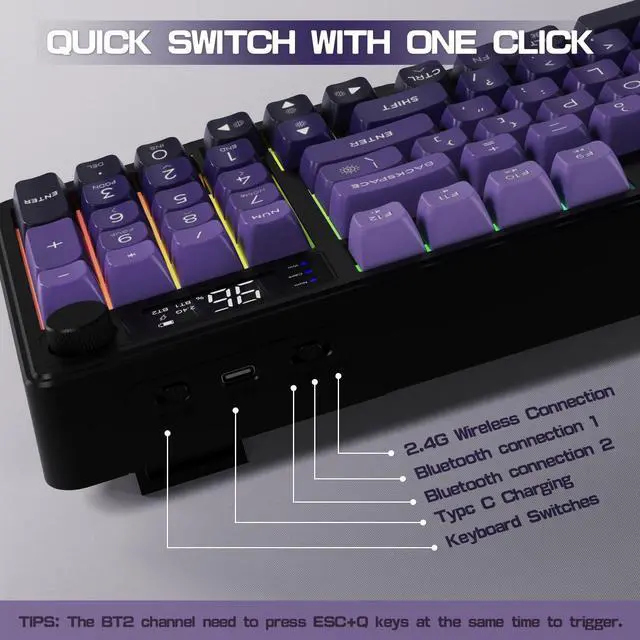 Alt view image 7 of 7 - LexonElec M96 Wireless Keyboard, Low Profile Quiet Typing Membrane Gaming Keyboard with Smart Display & Knob, RGB Backlit, USB C Rechargeable, 94 Keys PBT Keycap for Windows PC,Mac,Linux-Grape Purple